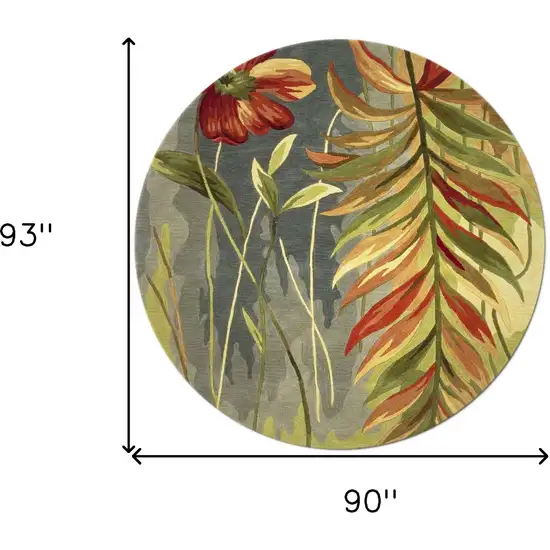 8' Blue And Green Round Wool Tropical Botanical Hand Tufted Area Rug Photo 3