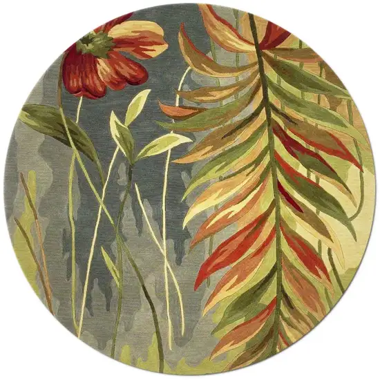 8' Blue And Green Round Wool Tropical Botanical Hand Tufted Area Rug Photo 2