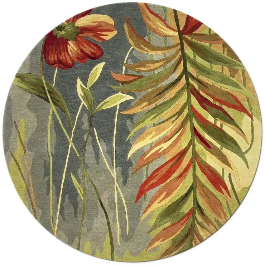8' Blue And Green Round Wool Tropical Botanical Hand Tufted Area Rug Photo 2