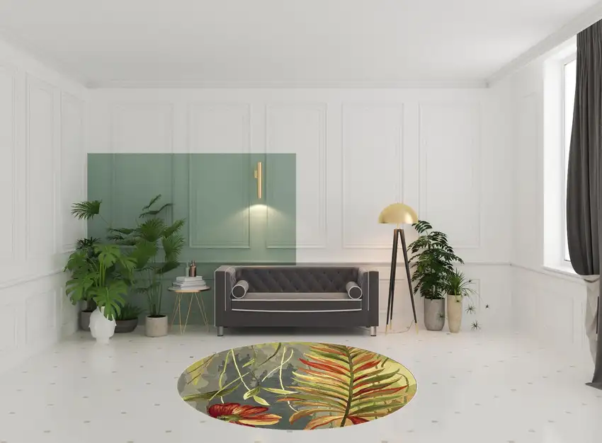 Blue Green Hand Tufted Tropical Plants Round Indoor Area Rug Photo 7
