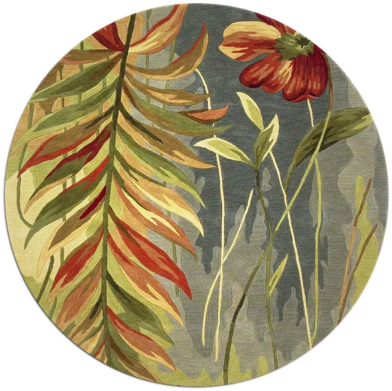 Blue Green Hand Tufted Tropical Plants Round Indoor Area Rug Photo 4