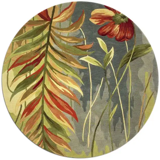 8' Blue And Green Round Wool Tropical Botanical Hand Tufted Area Rug Photo 4