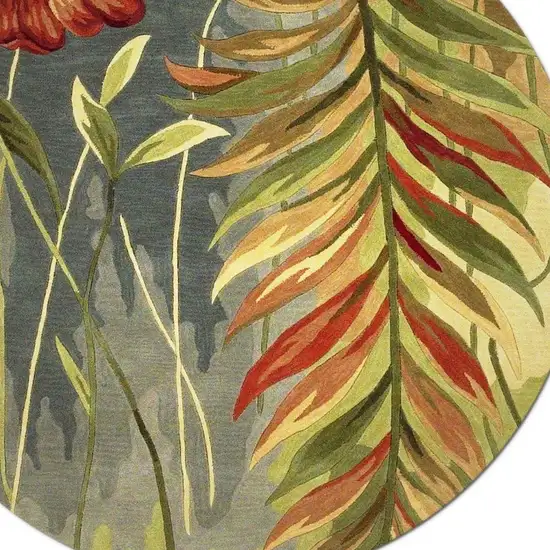 8' Blue And Green Round Wool Tropical Botanical Hand Tufted Area Rug Photo 6