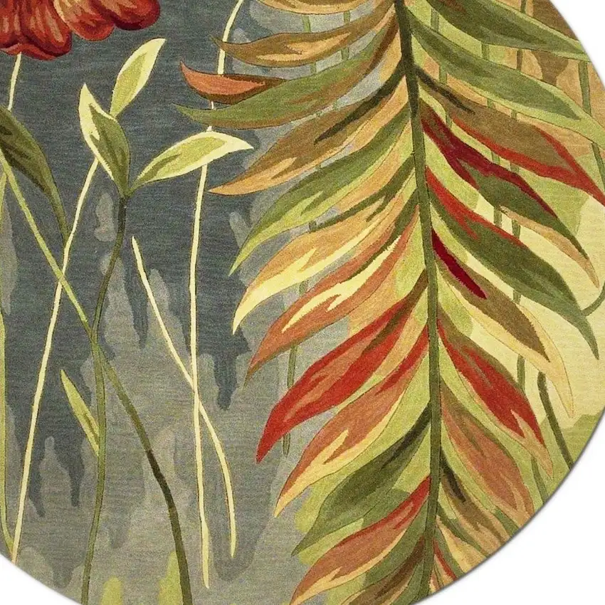 8' Blue And Green Round Wool Tropical Botanical Hand Tufted Area Rug Photo 6
