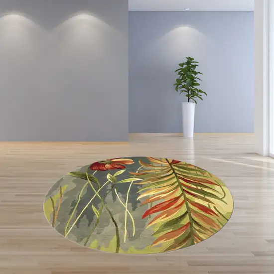 Blue Green Hand Tufted Tropical Plants Round Indoor Area Rug Photo 6