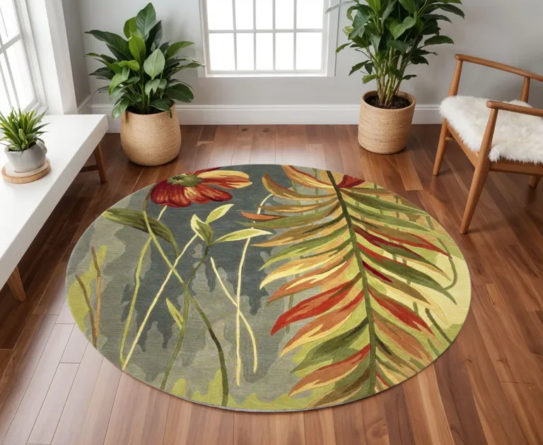 Blue Green Hand Tufted Tropical Plants Round Indoor Area Rug Photo 1