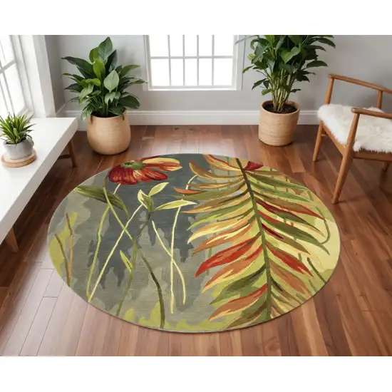 8' Blue And Green Round Wool Tropical Botanical Hand Tufted Area Rug Photo 1