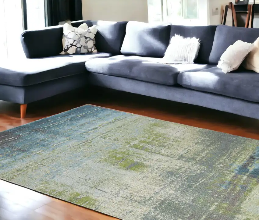 7'X10' Blue Green Machine Woven Abstract Brushstroke Indoor Area Rug Photo 1