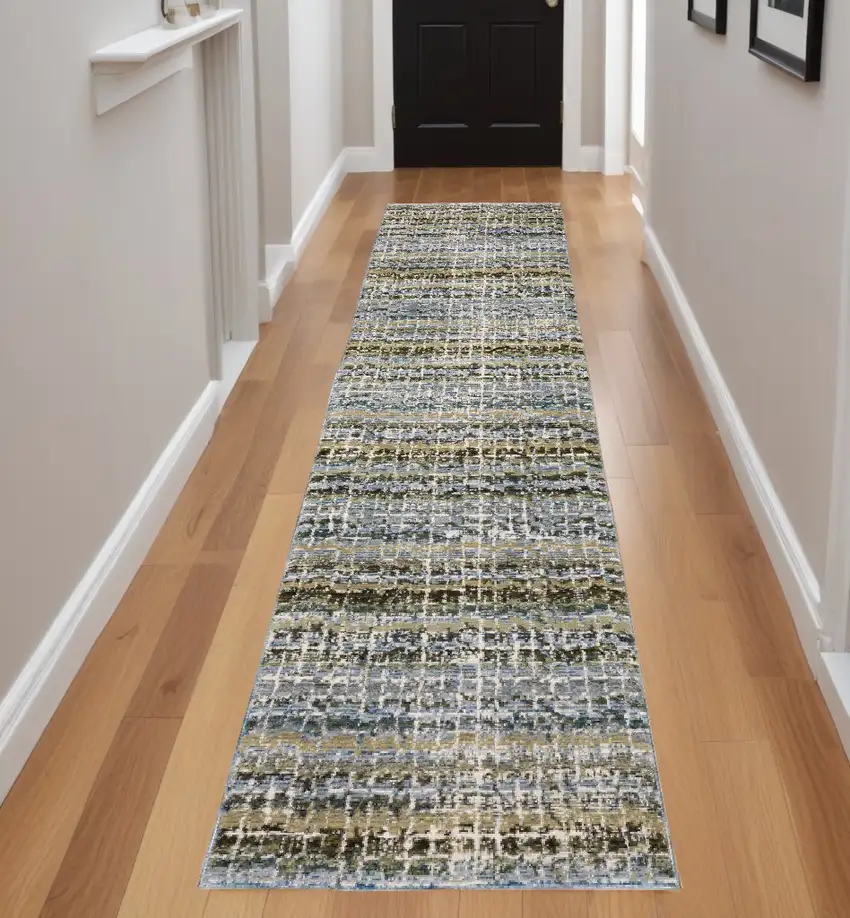 Blue and Ivory Abstract Power Loom Runner Rug Photo 1