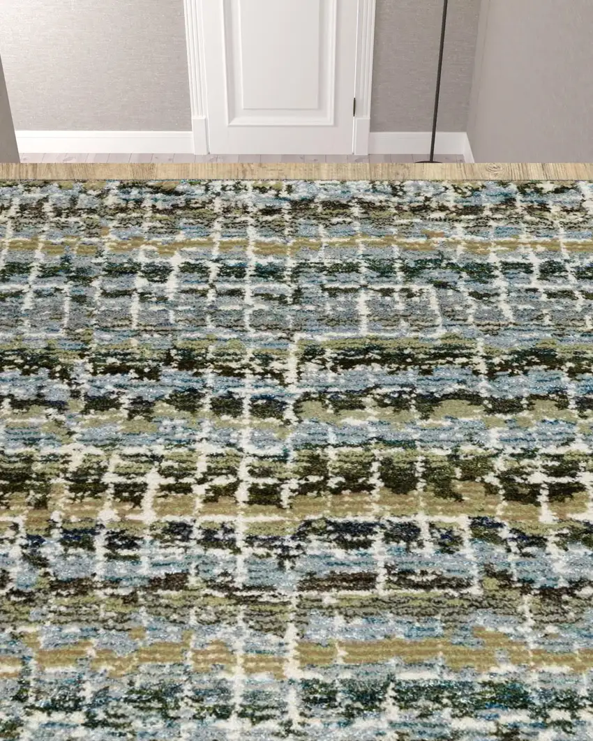 Blue Green Teal And Grey Abstract Power Loom Stain Resistant Runner Rug Photo 3