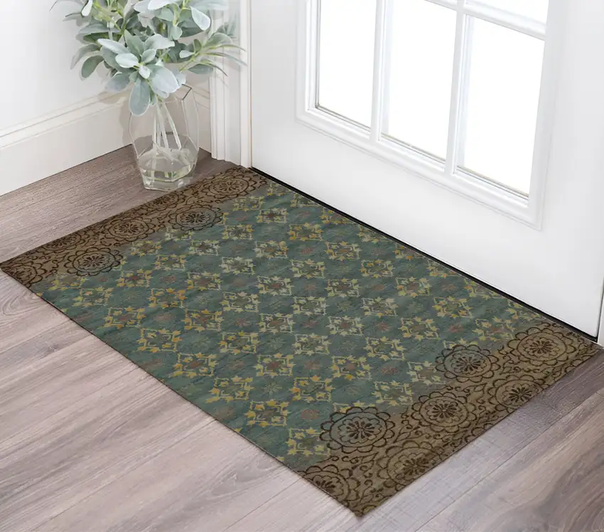 Blue Green and Brown Floral Hand Knotted Area Rug Photo 1