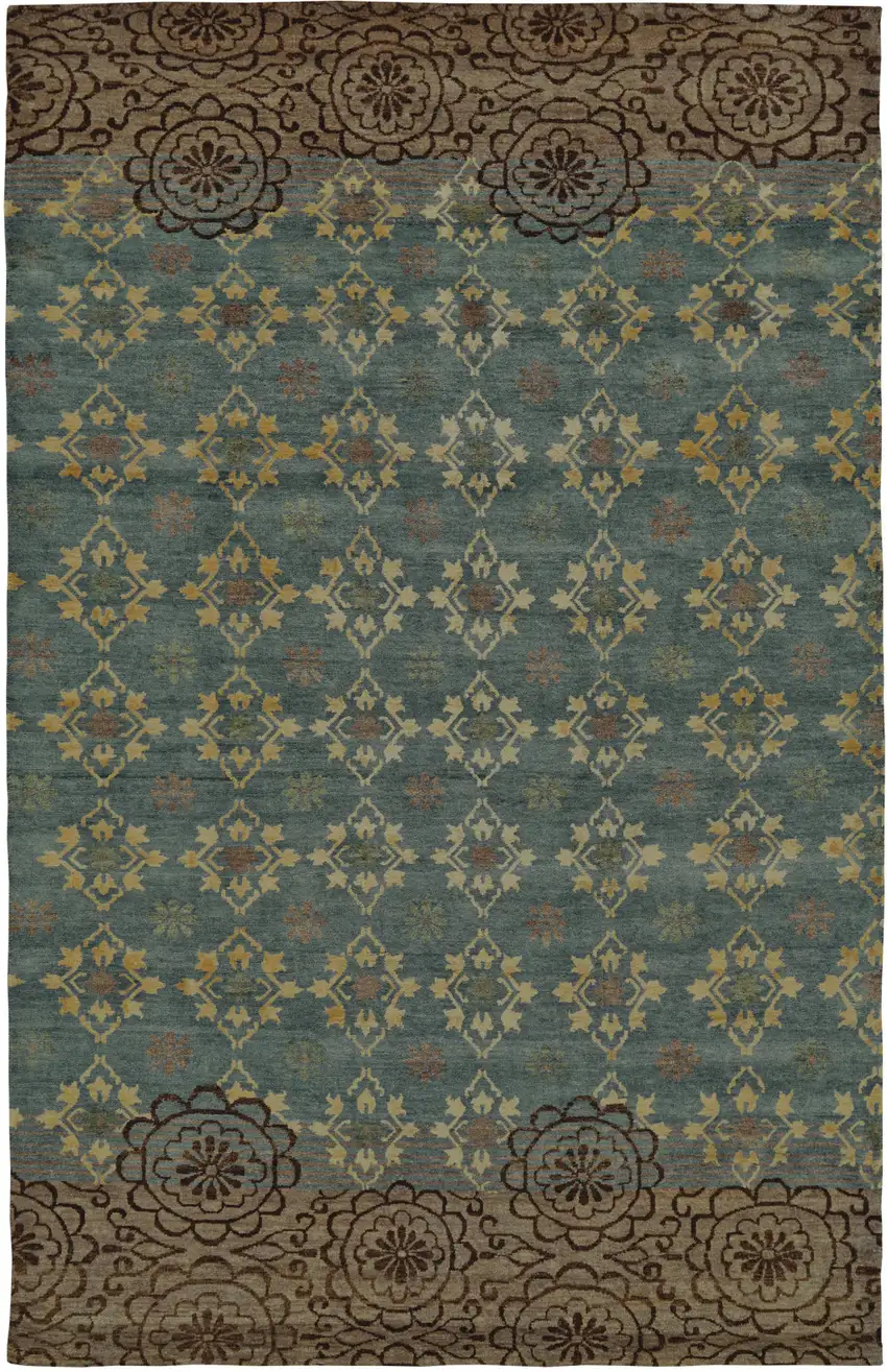 Blue Green and Brown Floral Hand Knotted Area Rug Photo 2
