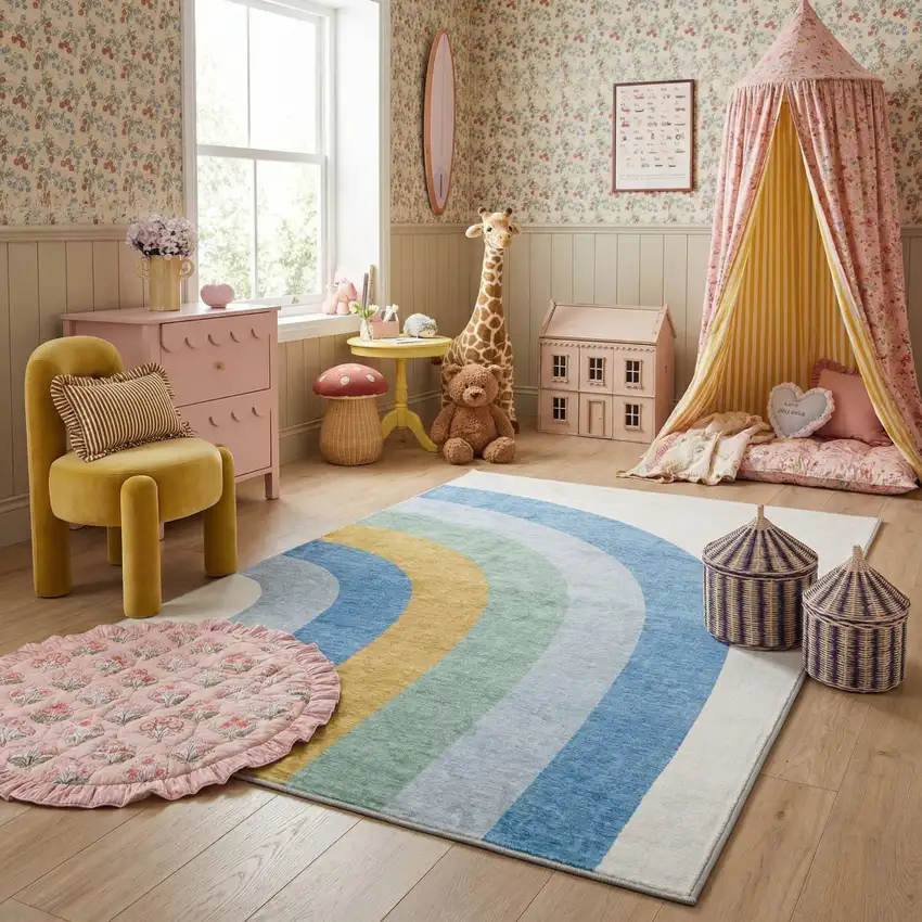 Blue Green and Orange Juvenile Rainbows Youthful Area Rug Photo 7