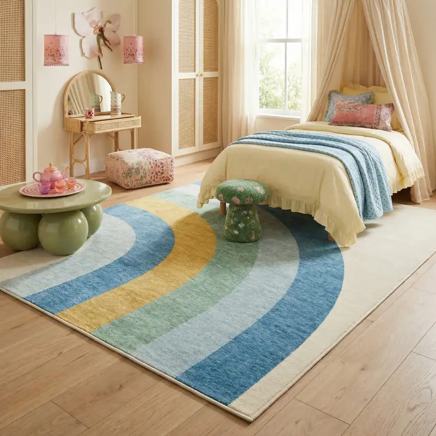 Blue Green and Orange Juvenile Rainbows Youthful Area Rug Photo 9