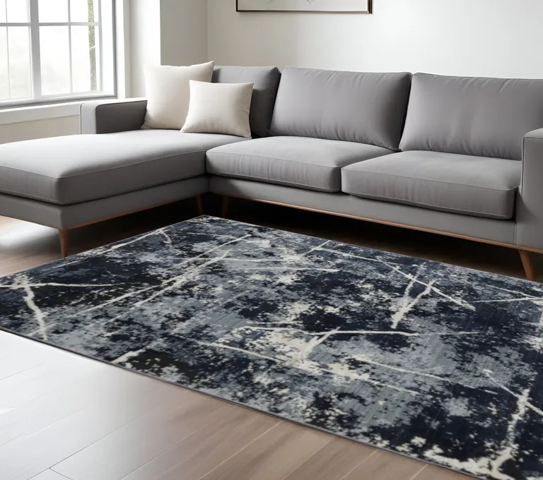 Blue Grey And Beige Abstract Power Loom Stain Resistant Area Rug Photo 2