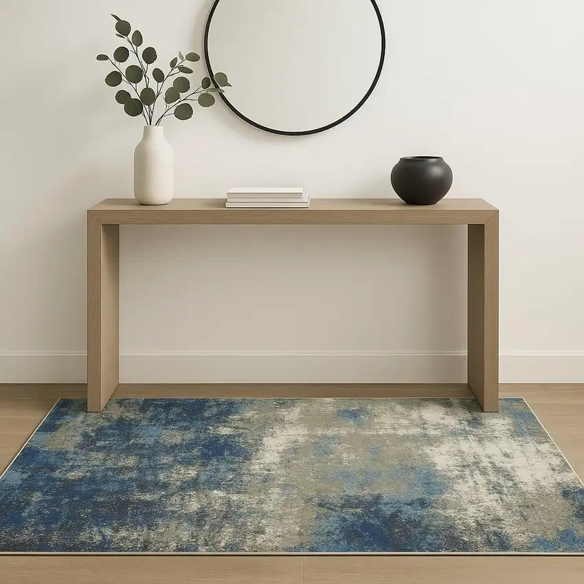 Blue Grey And Beige Abstract Power Loom Stain Resistant Area Rug Photo 1