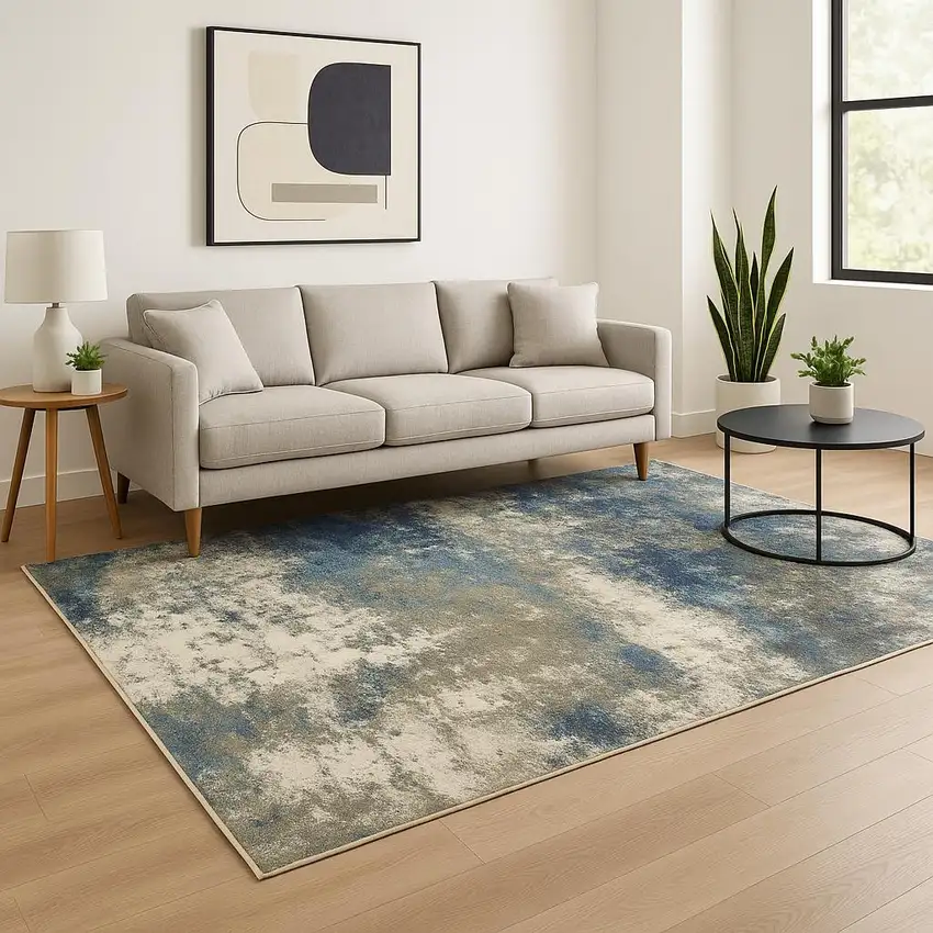 Blue Grey And Beige Abstract Power Loom Stain Resistant Area Rug Photo 1