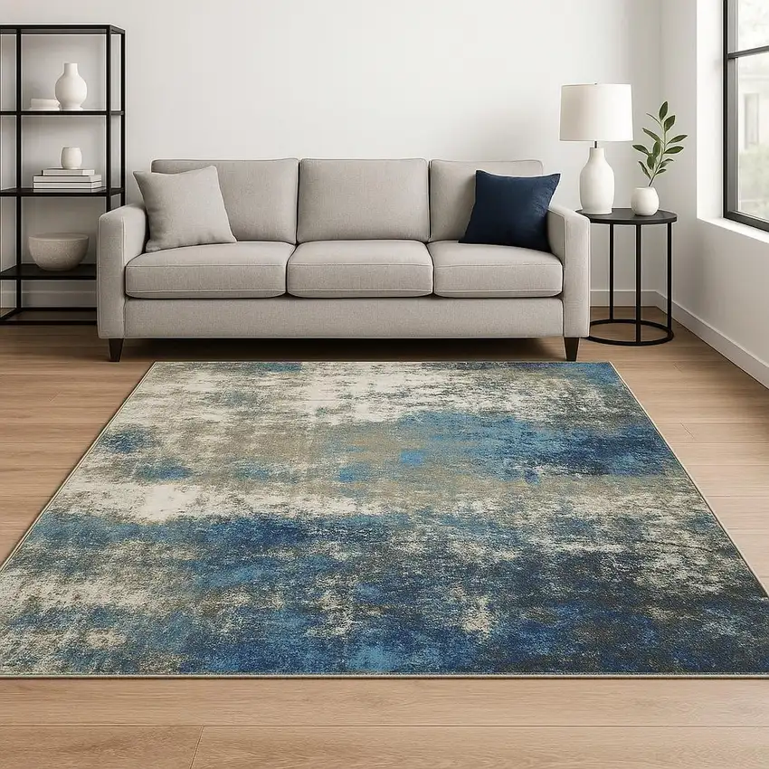 Blue Grey And Beige Abstract Power Loom Stain Resistant Area Rug Photo 1