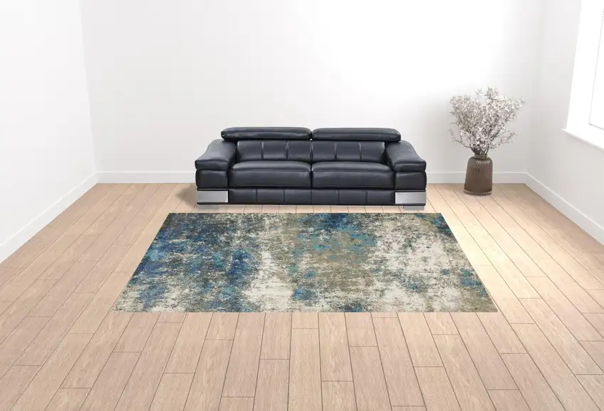 Blue Grey And Beige Abstract Power Loom Stain Resistant Area Rug Photo 2