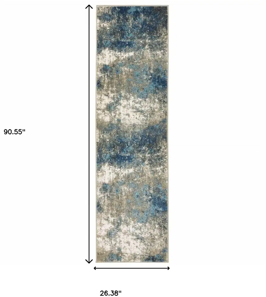 Blue Grey And Beige Abstract Power Loom Stain Resistant Runner Rug Photo 10