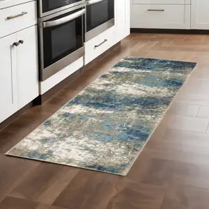 Photo of Blue Grey And Beige Abstract Power Loom Stain Resistant Runner Rug