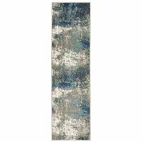 Photo of Blue Grey And Beige Abstract Power Loom Stain Resistant Runner Rug