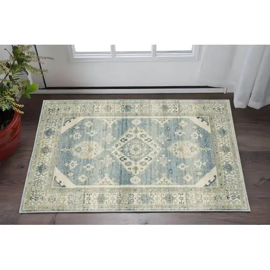 Blue Grey Beige And Teal Oriental Power Loom Stain Resistant Area Rug Photo 2
