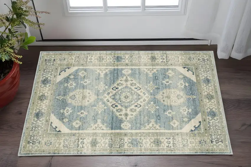 Blue Grey Beige And Teal Oriental Power Loom Stain Resistant Area Rug Photo 2