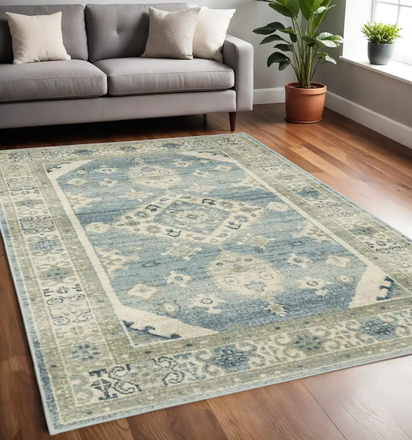 Blue And Beige Oriental Distressed Area Rug Photo 1