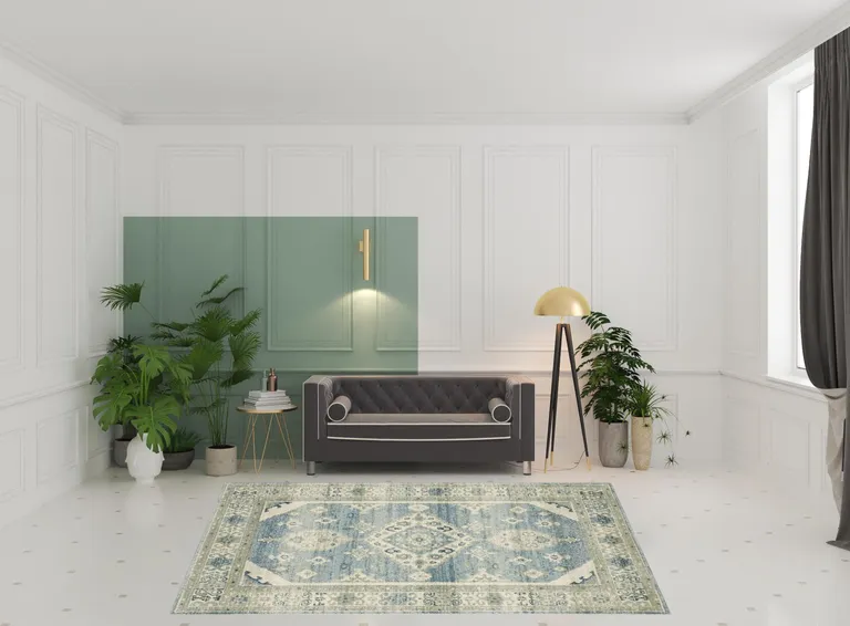 Blue Grey Beige And Teal Oriental Power Loom Stain Resistant Area Rug Photo 3