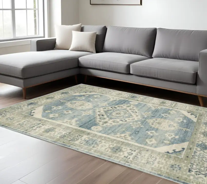 Blue Grey Beige And Teal Oriental Power Loom Stain Resistant Area Rug Photo 2