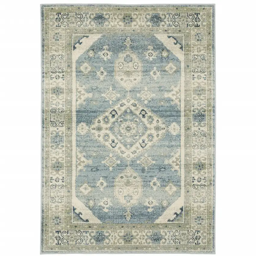 Blue Grey Beige And Teal Oriental Power Loom Stain Resistant Area Rug Photo 2