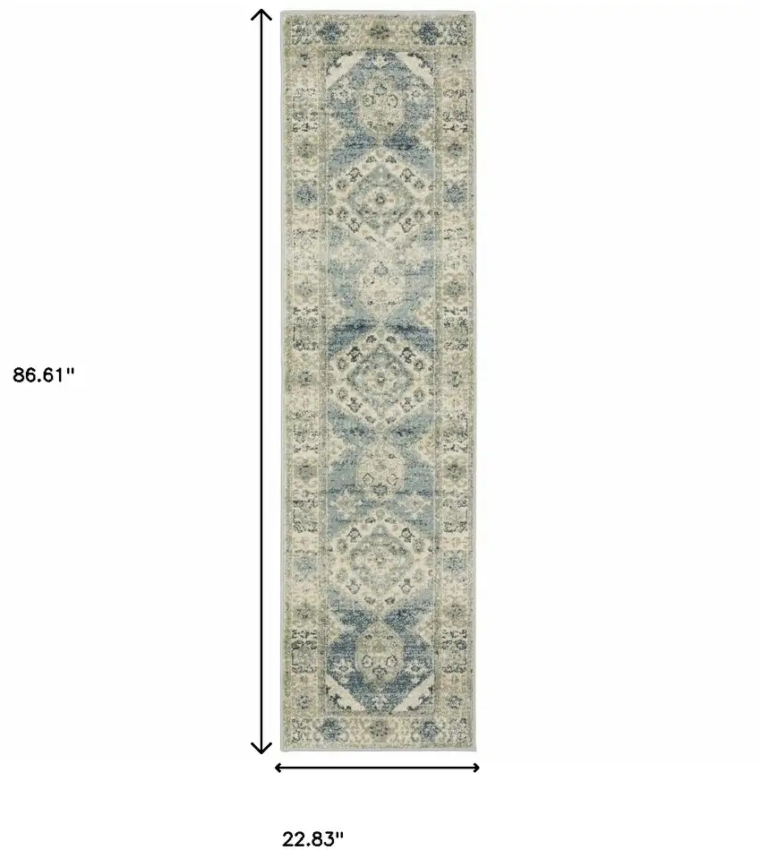 7' Blue And Beige Oriental Distressed Runner Rug Photo 3