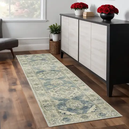 7' Blue And Beige Oriental Distressed Runner Rug Photo 1