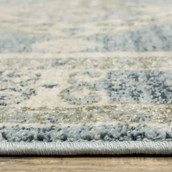7' Blue And Beige Oriental Distressed Runner Rug Photo 9