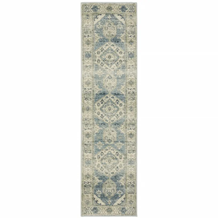 Blue Grey Beige And Teal Oriental Power Loom Stain Resistant Runner Rug Photo 2