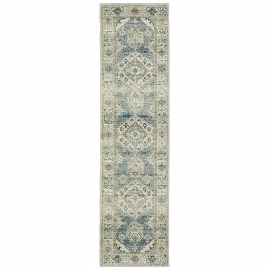 7' Blue And Beige Oriental Distressed Runner Rug Photo 2