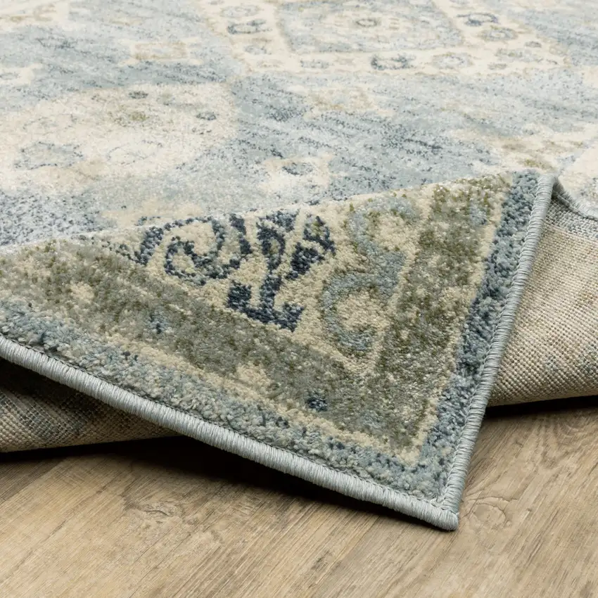 7' Blue And Beige Oriental Distressed Runner Rug Photo 8