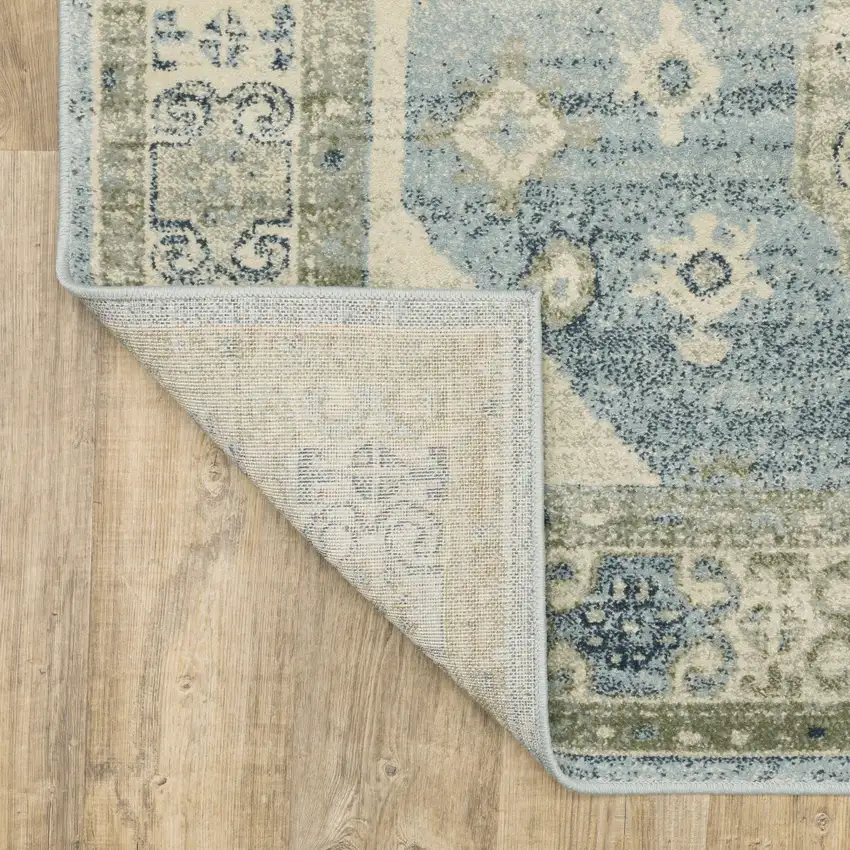 7' Blue And Beige Oriental Distressed Runner Rug Photo 7