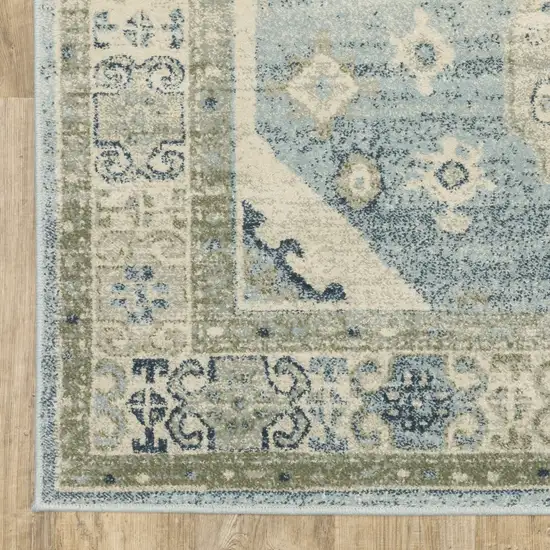 7' Blue And Beige Oriental Distressed Runner Rug Photo 4