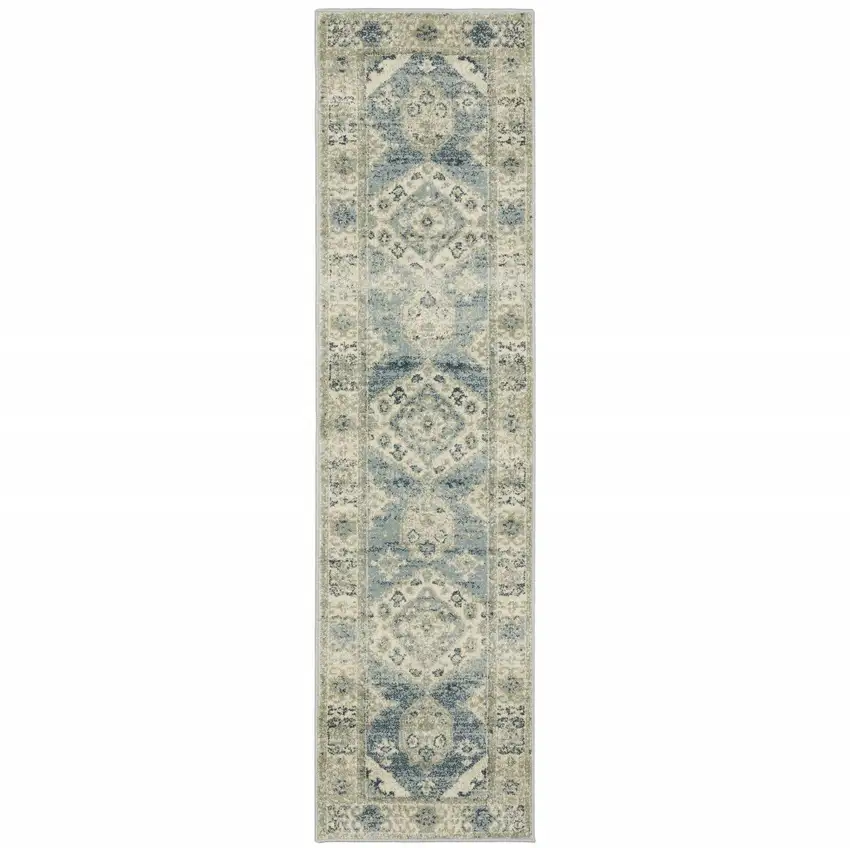 Blue Grey Beige And Teal Oriental Power Loom Stain Resistant Runner Rug Photo 1