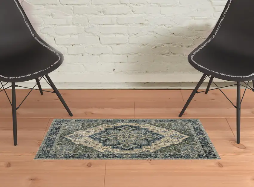 Blue Grey Beige Tan Green And Gold Oriental Power Loom Stain Resistant Area Rug With Fringe Photo 3