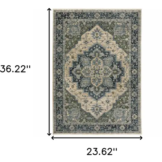 Blue Grey Beige Tan Green And Gold Oriental Power Loom Stain Resistant Area Rug With Fringe Photo 3
