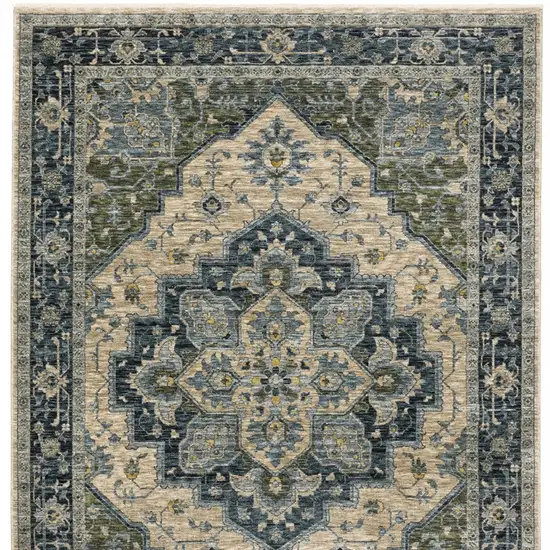 Blue Grey Beige Tan Green And Gold Oriental Power Loom Stain Resistant Area Rug With Fringe Photo 6