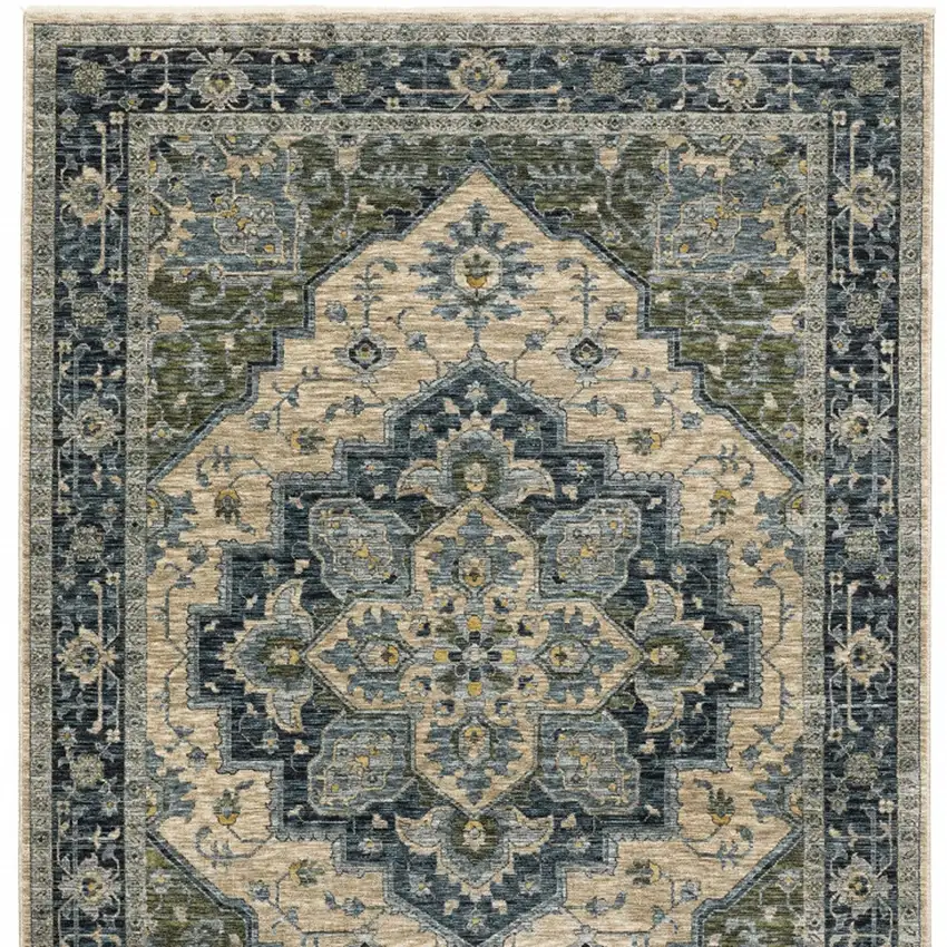 Blue Grey Beige Tan Green And Gold Oriental Power Loom Stain Resistant Area Rug With Fringe Photo 6