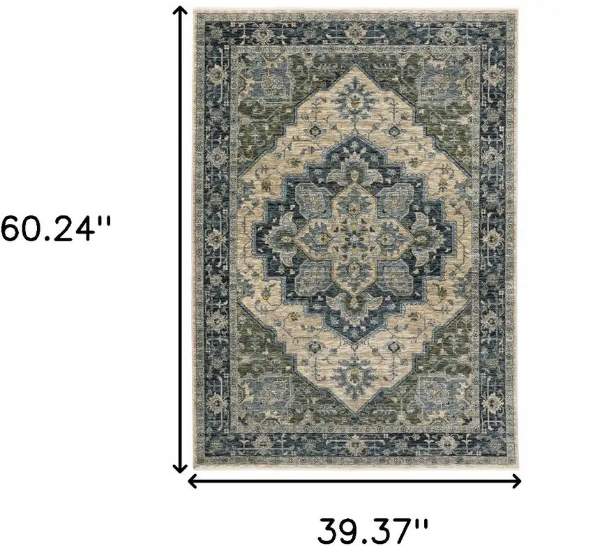 Blue Grey Beige Tan Green And Gold Oriental Power Loom Stain Resistant Area Rug With Fringe Photo 3