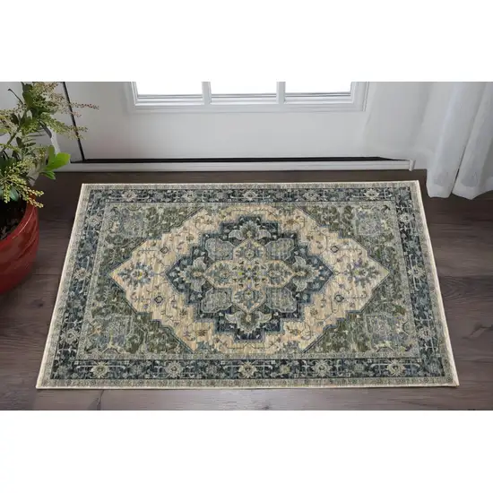 Blue Grey Beige Tan Green And Gold Oriental Power Loom Stain Resistant Area Rug With Fringe Photo 1
