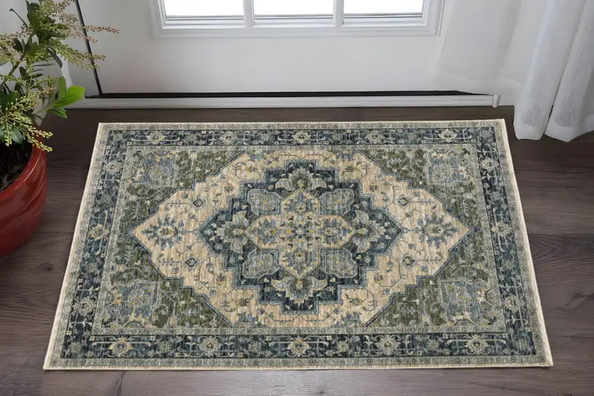Blue Grey Beige Tan Green And Gold Oriental Power Loom Stain Resistant Area Rug With Fringe Photo 1