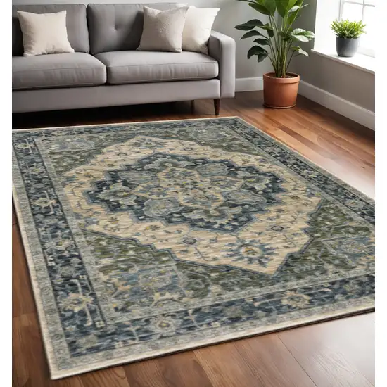 Blue Grey Beige Tan Green And Gold Oriental Power Loom Stain Resistant Area Rug With Fringe Photo 1