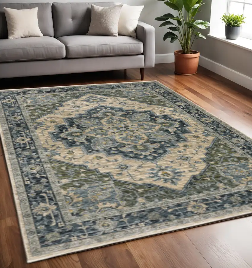 Blue Grey Beige Tan Green And Gold Oriental Power Loom Stain Resistant Area Rug With Fringe Photo 1